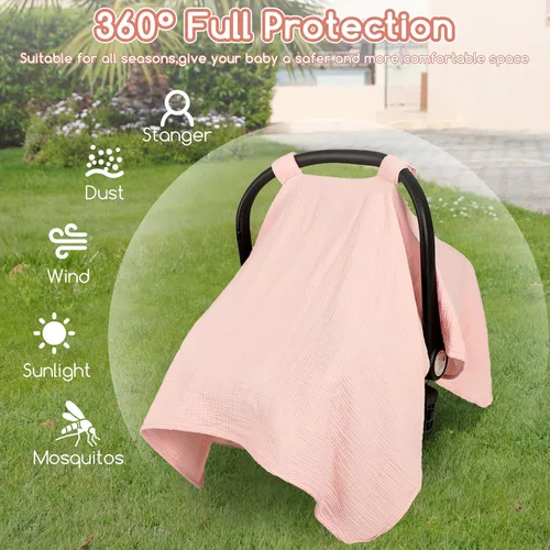 Vista 3 de Funda de asiento de automóvil de muselina de verano, transpirable, para bebés y niñas, fundas multiusos para lactancia materna, color rosa