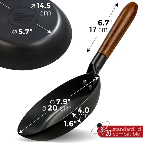 Vista 2 de YOSUKATA Sartén de acero al carbono de 7.9 pulgadas, sartén pre-sazonada no tóxica con mango de madera extraíble, sartén estilo wok sin