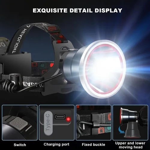 Vista 4 de Linterna de faro delantero, linterna LED recargable brillante, lámpara frontal impermeable con luz trasera para acampar al aire libre, correr