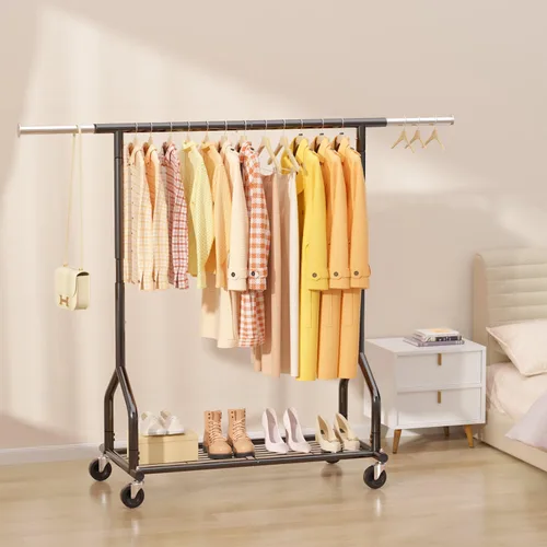 Vista 7 de EAGMAK Perchero de ropa resistente con capacidad de carga de 192 kg, perchero enrollable con estantes, colgador de ropa ajustable de metal