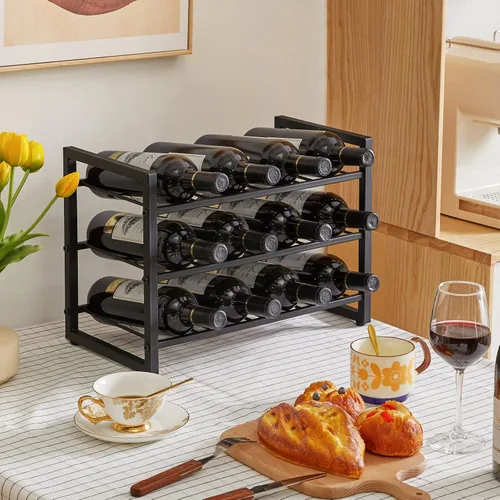 Vista 3 de IBUYKE Estante de vino para encimera, estante de vino de metal de 3 niveles, estante de vino con capacidad de almacenamiento independiente para 12