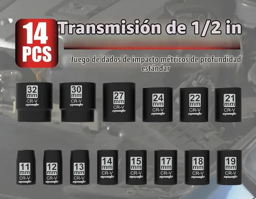 Vista 2 de EPAuto Juego de llaves métricas de impacto poco profundo de 1/2 pulgada, 6 puntos, 14 enchufes