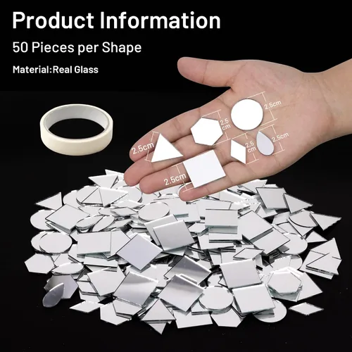 Vista 3 de PP OPOUNT 300 piezas de azulejos de mosaico, triángulos, cuadrados, redondos, rombos, sexangle, miniespejo en forma de gota para manualidades, bolas