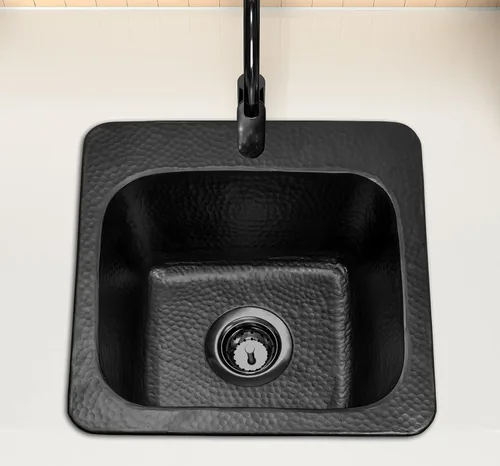 Vista 3 de Monarch Abode Fregadero de cocina y bar – Fregadero de barra pequeño Baxter de 15 pulgadas, fregadero de aluminio negro mate martillado a mano