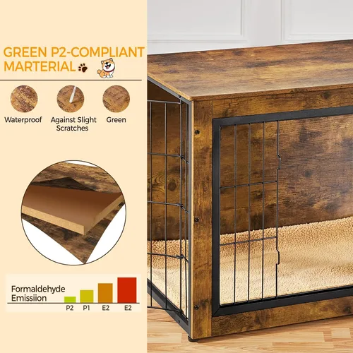 Vista 7 de Yaheetech 32" Mesa auxiliar de jaula para perros con cojín, jaula de madera para perros con puertas dobles/pies ajustables, mesa auxiliar lateral