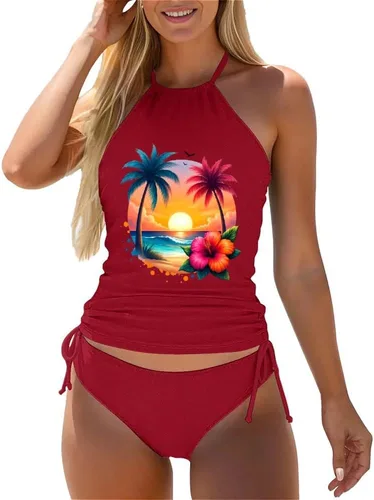 Vista 64 de Omichic Trajes de baño tankini para mujer, de dos piezas, blusa tipo tankini modesta con parte inferior de bikini Negro