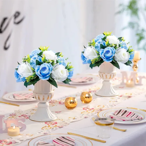 Vista 3 de Sziqiqi Flores de rosas artificiales de seda sintética para decoración de centros de mesa de boda, decoración del hogar, paquete de 2 unidades Azul