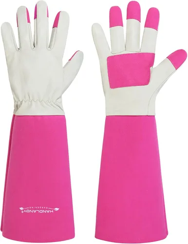 Vista 9 de HANDLANDY Guantes de poda largos para hombres y mujeres, de piel de cerdo, guantes de jardinería de rosas, guantes transpirables y duraderos