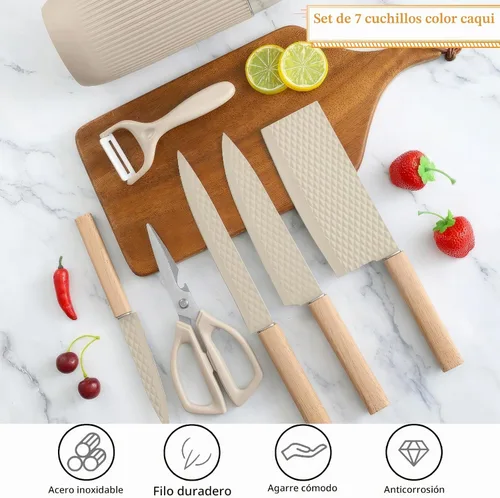 Vista 3 de Juego de cuchillos de cocina profesional de 7 piezas con bloque universal de cuchillos, juego de bloques de cuchillos súper afilados con mango Beige