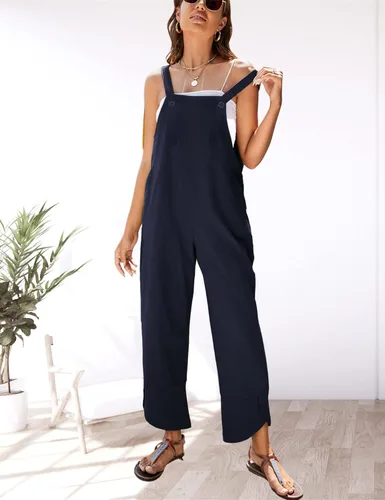 Vista 3 de Gozoloma Overol de lino y algodón holgado con dobladillo de pétalos para mujer, estilo casual y holgado