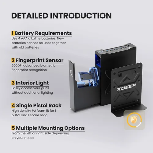 Vista 6 de XDeer Caja fuerte biométrica para pistola, caja fuerte para pistola deslizante, pistola de acceso rápido 0.1s para mesita de noche, mesita de noche