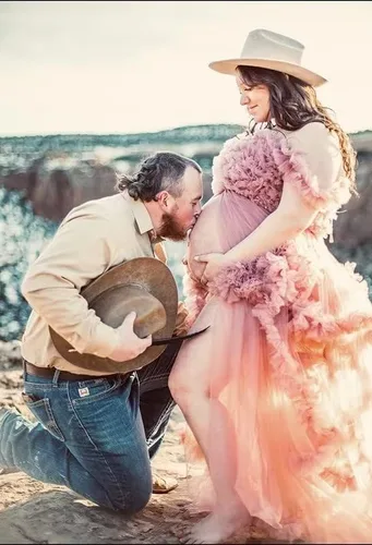Vista 5 de UZN Vestidos de maternidad de tul con hombros descubiertos para sesión de fotos, batas largas hinchadas, vestido de embarazo transparente para baby