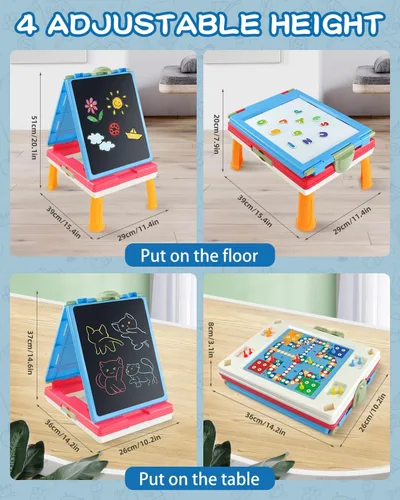 Vista 2 de Elovien Caballete para niños, caballete de arte de doble cara 4 en 1 con pizarra y pizarra blanca magnética, caballete de mesa plegable para niños