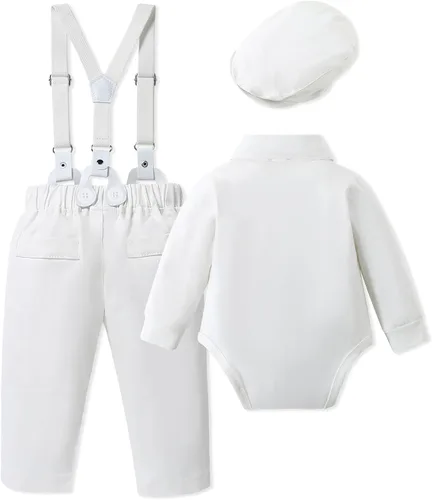 Vista 2 de WESIDOM Ropa de bebé niño 0-18M recién nacido traje de caballero, camisa+pajarita+boina+pantalón con tirantes Conjunto de ropa para bebé niño