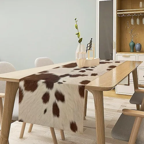 Vista 2 de Camino de mesa con estampado de piel de vaca, lino y algodón, rústico, estilo occidental, color negro, marrón, piel de vaca, para decoración