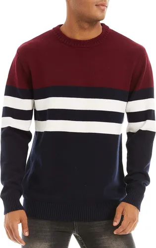 Vista 2 de MAGCOMSEN Suéter de cuello redondo para hombre, sudadera de rayas con bloques de color, suave y térmico