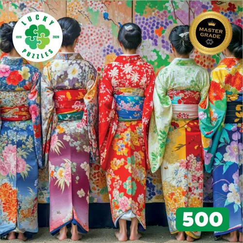 Vista 5 de Lucky Puzzles - Mosaico de kimono colorido, rompecabezas artístico de 500 piezas para adultos y niños, colores vibrantes, arte cultural, calidad