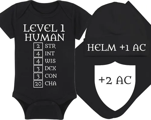 Vista 13 de Level 1 Human with Ability Scores - Gaming Baby Onesie - Hat - Blanket - Bib Package Combinations