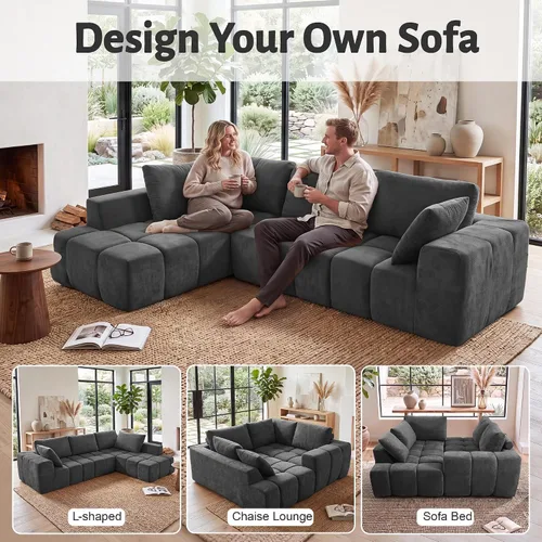 Vista 2 de Sofá modular sin hueso de 116 pulgadas para sala de estar, moderno sofá modular de felpilla con asiento profundo de gran tamaño, sofá nube con diván