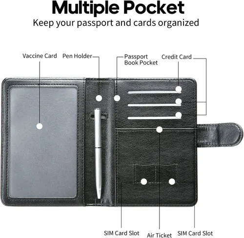 Vista 2 de MCmolis Combo de tarjetero para pasaporte y vacunas, funda de cuero con bloqueo RFID, protector organizador de documentos de viaje con ranura