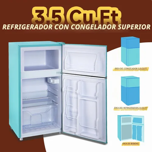 Vista 3 de Mini nevera con freezer, refrigerador pequeño de doble puerta con estantes de vidrio extraíbles, 7 ajustes de temperatura, mango desmontable