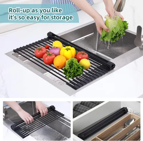 Vista 6 de Ohuhu Escurreplatos Enrollables, 16.5" L x 13" A Escurridor de Platos Sobre el Fregadero Estante de Secado Organizador de Fregadero de Cocina