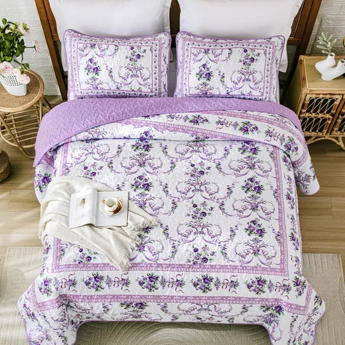 Vista 4 de Anibedding Juego de edredón Queen morado, 3 piezas con patrón floral