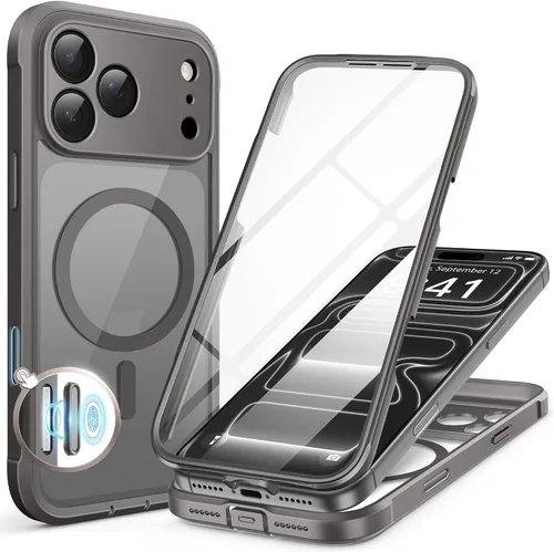 Vista 98 de BERFY Funda para iPhone 17 Pro Max, compatible con MagSafe, protector de pantalla de vidrio integrado, protección de cámara, funda de cuerpo