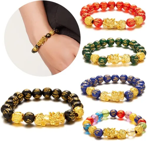 Vista 5 de Aksiqee Pulsera de buena suerte Feng Shui Pulsera Pixiu para mujeres y hombres, Pi Yao con personaje Sagin Pixiu para protección puede traer suerte
