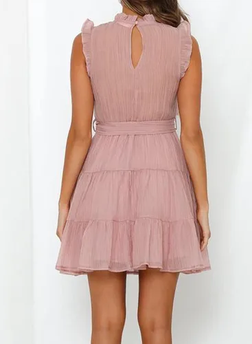 Vista 3 de FARYSAYS - Vestido corto sin mangas con volados cuello redondo y lazo en la cintura para mujer vestido casual corto con falda estilo campana