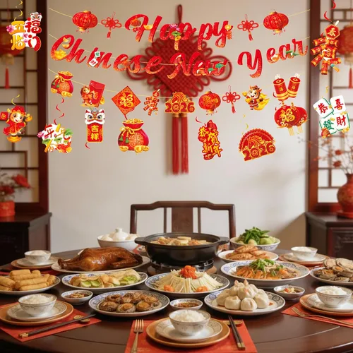 Vista 5 de Juego de 81 sobres rojos de Año Nuevo chino, paquetes rojos de caballo Hong Bao para fiestas, remolinos para selfies, accesorios para cabina