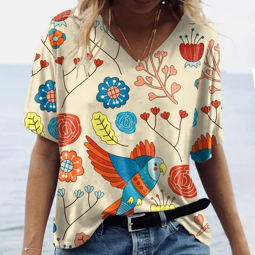 Vista 3 de Camiseta de manga corta para mujer, transpirable, con estampado floral, con temperamento, elástica, cuello en V