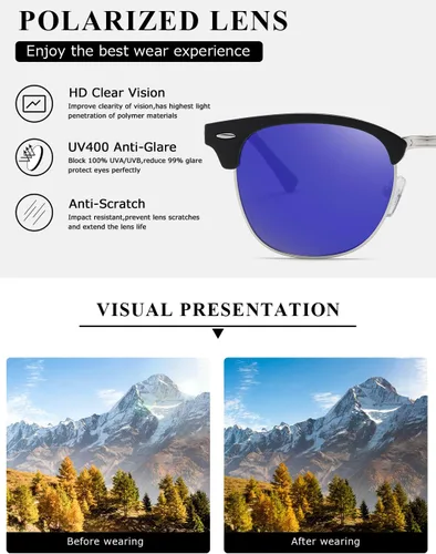 Vista 147 de AEVOGUE Gafas de sol polarizadas para mujeres y hombres semi marco retro gafas de sol AE0369
