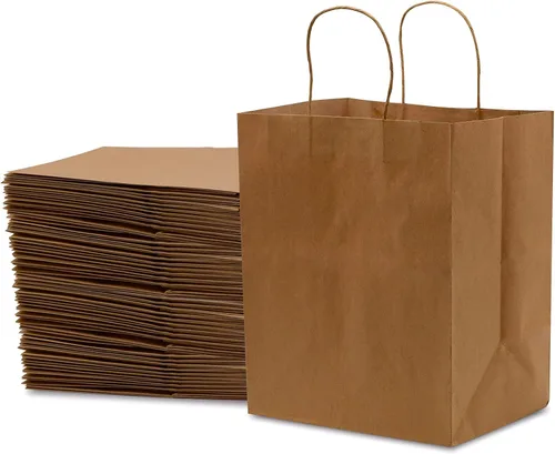 Vista 9 de Prime Line Packaging Bolsas de papel marrones, bolsas de compras medianas con asas para pequeñas empresas, alimentos para llevar, comestibles, venta