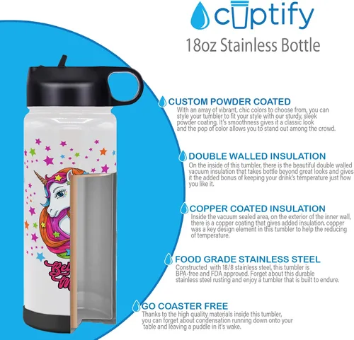 Vista 3 de Cuptify Botella de agua personalizada de unicornio con tapa y funda protectora de silicona, regalo personalizado para niñas que creen en la magia