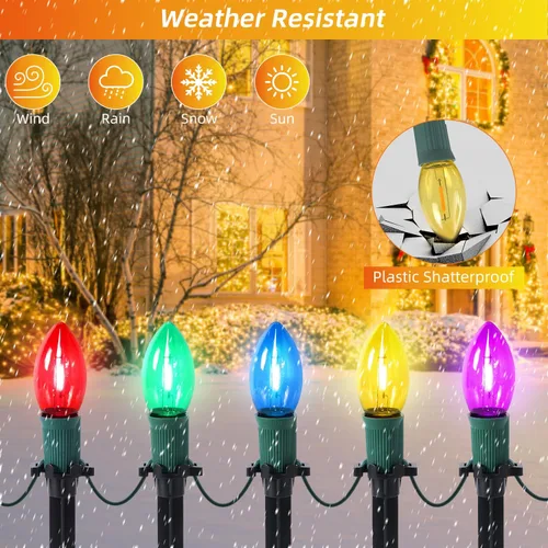 Vista 6 de USOKYO Luces LED C9 de 30 pies para caminos de Navidad al aire libre, 20 bombillas multicolor, impermeables, conectables, luces de Navidad