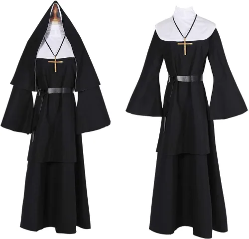 Vista 4 de CR ROLECOS - Disfraz de monja de terror de talla grande, disfraz de sacerdote para Halloween, color negro