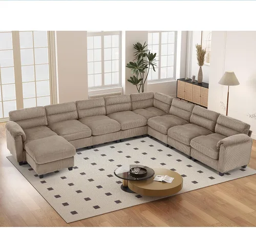 Vista 75 de HAOMARKETS Sofá esquinero modular en forma de L de 115 pulgadas con 2 otomanas móviles, sofás de pana de 8 plazas con cojín grueso para sala de Beige