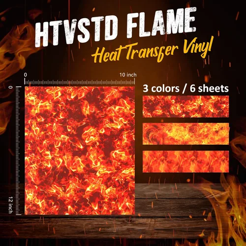 Vista 2 de Vinilo de transferencia de calor, 6 hojas de vinilo HTV de llama (12 x 10 pulgadas), estampado HTV ardiente para planchar en camisetas con estampado