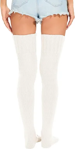 Vista 6 de HYTENSUN Calcetines altos de punto para mujer, calcetines altos gruesos por encima de la rodilla, calcetines de tubo de ganchillo, calentadores
