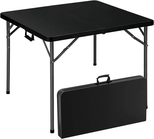 Vista 10 de Mesa plegable cuadrada de 34 pulgadas plegable por la mitad, mesa portátil de comedor de alta densidad resistente con asa de transporte, mesas