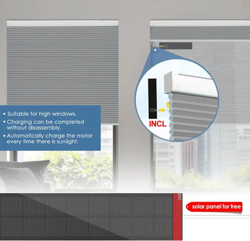 Vista 5 de Persianas inteligentes motorizadas recargables con energía solar (panel solar gratuito), control remoto, persianas celulares eléctricas opacas, Gris