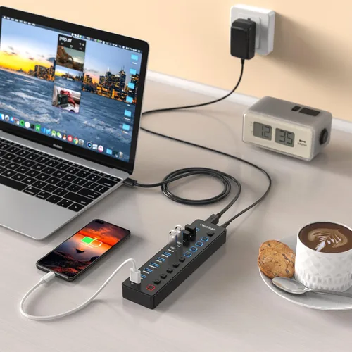 Vista 7 de Hub USB alimentado, divisor de concentrador USB 3.0 de 11 puertos, 10 puertos de transferencia de datos USB 3.0 + 1 puerto de carga inteligente
