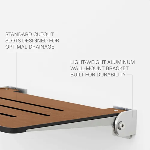 Vista 6 de Seachrome Asiento de ducha plegable Silhouette Slimline de 18 pulgadas, para montaje en pared, asiento rústico de teca con marco plateado