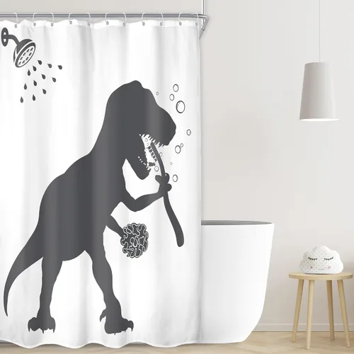 Vista 32 de LGhtyro Juego de Cortina de Ducha Divertida de Dinosaurio para Baño Pequeño 36Wx71H Pulgadas Dibujos Animados Niños Silueta de Dino Sombra de Animal