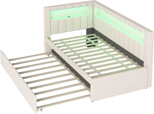 Vista 8 de Cama de plataforma tapizada de tamaño individual con puertos USB y luces LED, sofá cama con nido y cabecera en forma de L, cama esquinera suave