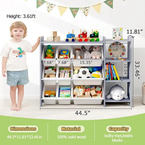 Vista 3 de MallBest Estante organizador de almacenamiento de juguetes para niños de 4 niveles, 100% madera maciza, armario de almacenamiento para niños con 9