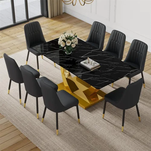 Vista 35 de Juego de mesa de comedor negra para 4, 63 x 35.4 x 30 pulgadas, mesa de comedor moderna rectangular con patas y base de acero inoxidable, sillas