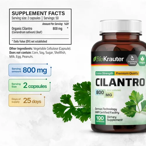 Vista 3 de BIO KRAUTER® Cilantro for Detox Cleanse - Cápsulas veganas de cilantro (polvo de hoja de cilantro) 800 mg por porción - Suplemento natural