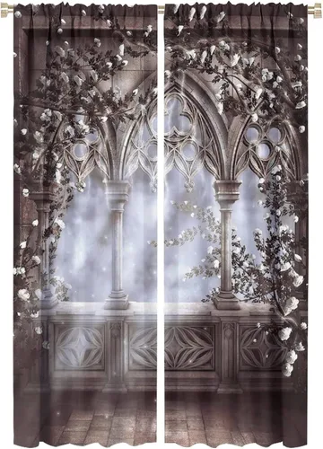 Vista 30 de Cortinas góticas con diseño de luna de Halloween, historia, puerta espeluznante, fondo de terror, vela, ficción, patrón de impresión, sala de estar